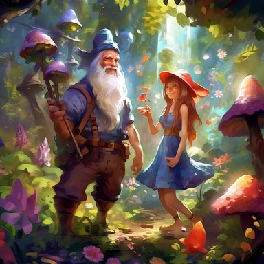 clipart A charming, fantasy-themed digital painting showcasing a hardworking female gnome, focused on her duties, as her bearded male companion stands by, leisurely observing her efforts, surrounded by a vibrant, enchanted forest filled with lively flora and fauna, rendered in a playful, imaginative style