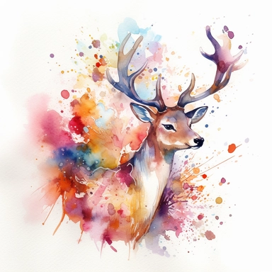 An ethereal watercolor deer clipart with white background, capturing the elegance of its leaps and bounds, the flowing lines of its body and antlers, adorned with vibrant splashes of color, as if it's moving through a dreamlike realm filled with wisps of fog and glowing flowers, Watercolor painting on textured paper,