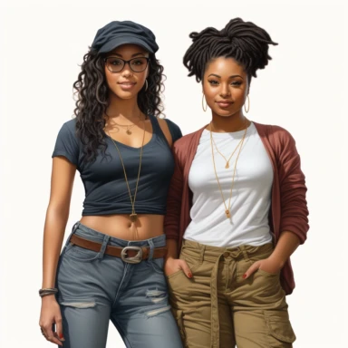 realistic illustration of two female african american friends standing very close to each other. Ladies are wearing denim jeans and a short top, belly is visible, modern look. Clipart, isolated on white background, 4K