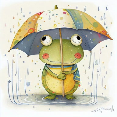 cute whimsical smiling frog holding an umbrella in the rain, artistic and delicate children's book illustration, hand drawn doodle, clipart, pastel painting with vibrant warm colors, by Amanda Clark and eric carle, white background