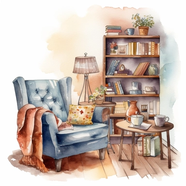 watercolored clipart,a cozy reading corner with a comfortable armchair, a bookshelf and a cup of tea