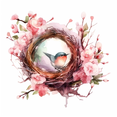 Highly detailed watercolor clipart, floral Bird Nests springtime cute birds and blossoms, , fantasy, highly detailed, fantasy cartoon illustration, greenery, alcohol ink, Watercolor, UHD, 8K, 3D