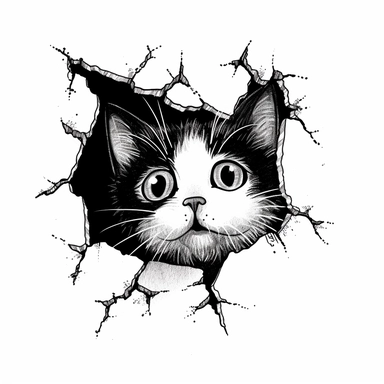 Head of innocent sweet baby cat peering outside through crack with paws, clipart, depicted in cartoon, clipart, complete with vector, contour, White Background, black and white,a inkblot cartoon,all white background,drawn using only black ink on white paper, graphic style that emphasizes line work and shading to create a sense of depth