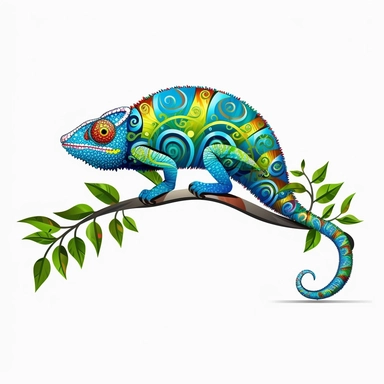 chameleon, clipart, detailed, curled tail, on a branch, clean lines, vibrant, white background