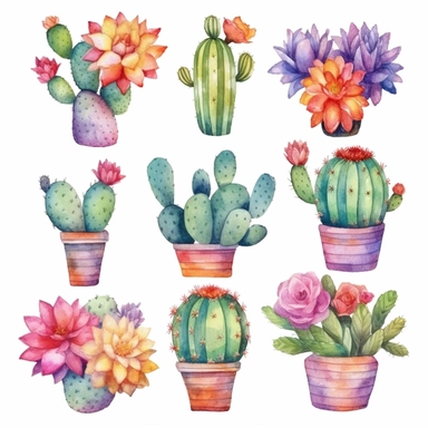 Boho Cactus Watercolor Cliparts, high definition 8k , illustration, sublimation, white background for removing background