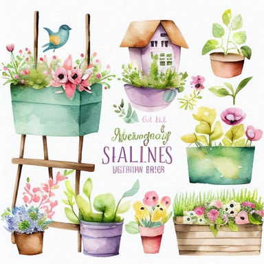 Watercolor Spring Planters Clipart - springtime cute planter boxes and garden ladders