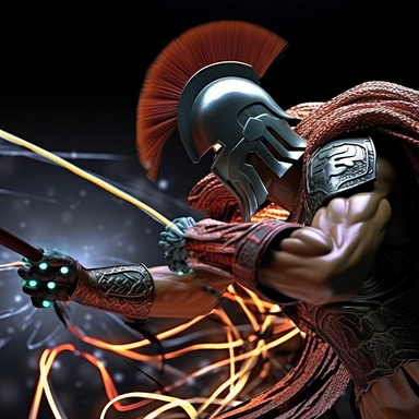 Data flowing through a two large fiber optic cables that are being spliced by a Spartan Warrior with a helmet as clipart