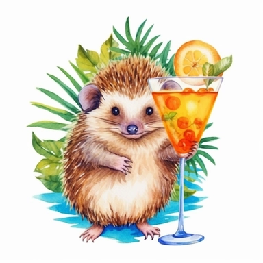 create a clipart featuring a cute prickly hedgehog illustration, vibrant colors, watercolor, summer vibes, beach, Hawaiian vibes, cocktail drink, fruits, detailed, minimal, against a white background