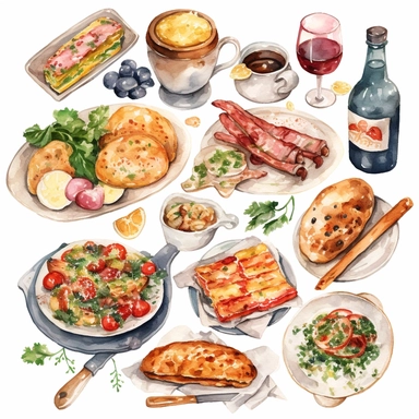 Watercolor illustration of german cuisine clipart, created by WorldFoodArtX, showcasing vibrant colors, delicate brushwork, and cultural authenticity, perfect for menu design, food blogging, recipe books, or educational projects