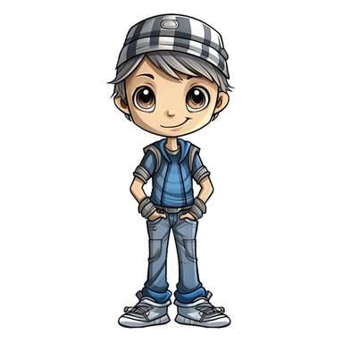 boy doll style smiling, thin black contour lines, arms crossed, jeans, sneakers, striped hat, tousled hair, cartoon clipart, cute eyes, illustration for children, disney