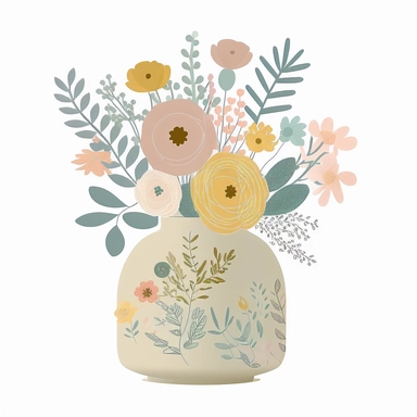 clipart , minimal simple full screen kids Vase contain varitey of flowers and rose Bohemian style ,white background ,no text ,without border