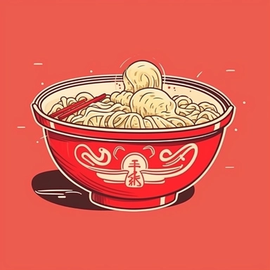 round logo for chinese gyoza and noodles in a red bowl, cute vector clipart, logo that triggers appetite, steaming food, line work, minimalist,