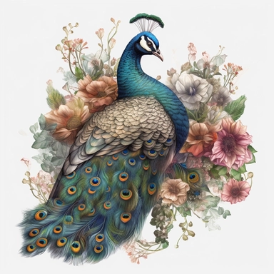 a peacock displaing in the style of James Christensen, summer flowers ,clipart, watercolor style, fantasy, ultra detailed, white plain background, single object, print on demand image, PNG transparent background, white background for removing background, 8k