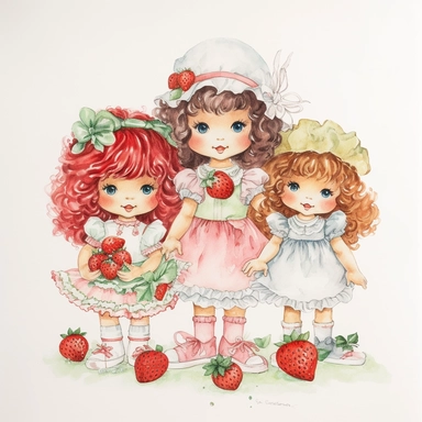 hand drawn strawberry shortcake doll and her friends, vintage 1980’s, watercolor, white background with margins, clipart style