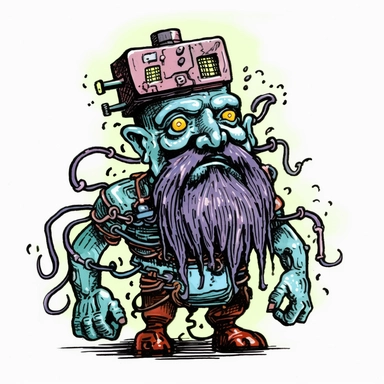 shambling limping dwarven zombie with tesla coils coming out, dark electric aura, Basil Wolverton Josh Kirby Dave Gibbons handpainted enamel punk zine indie retrowave, clipart illustration, solid white background
