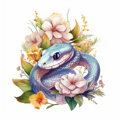 Cute Beautiful Snake Flower Watercolor Sublimation Clipart,Cartoon,hyper realistic, intricate detail, illustration style,high solution,on the white background