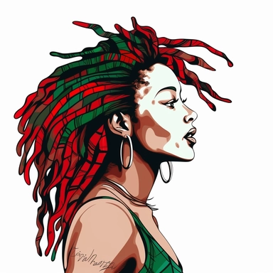hd, clipart, celebrating Juneteenth,woman with locs, freedom,red,black and green, on white background