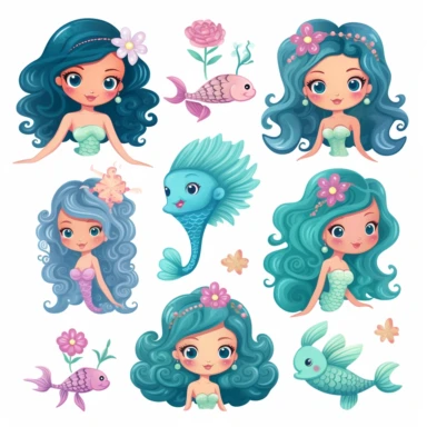 clip art elements, cute friendly mermaids, fishes, illustration
