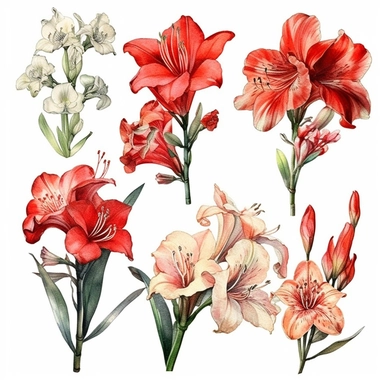 best graphics, beautiful design, separated no intercalate picture, with space between them, 6 picture of each clipart, Watercolor Amaryllis - spring flowers clipart,single design, 8k
