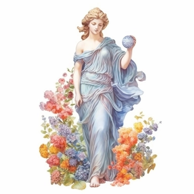 clipart, isolated on white background, Watercolor Spring beautiful ornated garden plaster statue, colorful flowers and grass and plants and branches and tree, ornated, pastel colors