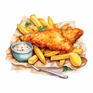 a delightful watercolor, hyper-realistic clipart image with a white background and white margins, showcasing a plate of crispy fish and chips. The ultra-detailed, hand-drawn elements capture the golden batter and tender fish. Use whimsical touches to add a sense of freshness, and bold shades of yellow and brown to evoke the comforting and satisfying nature of this classic fast food dish