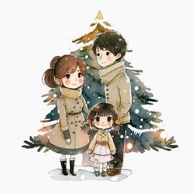 happy chibi family watercolor clipart, mother father sister brother, in the style of Makoto Shinkai, white background, winter christmas tree