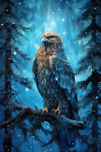 clipart, tarot card, high quality, fantasy forest, eagle, full moon, light brown, turquoise, white, glitter, galaxy