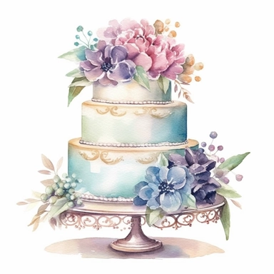 Create a stunning watercolor clipart featuring an exquisite and intricately designed wedding cake. Use a vibrant color palette to bring out the beauty and elegance of the cake. Incorporate delicate details, such as intricate lace patterns, cascading flowers, and ornate tiers. Apply gentle brushstrokes and blending techniques to achieve a soft and dreamy watercolor effect.