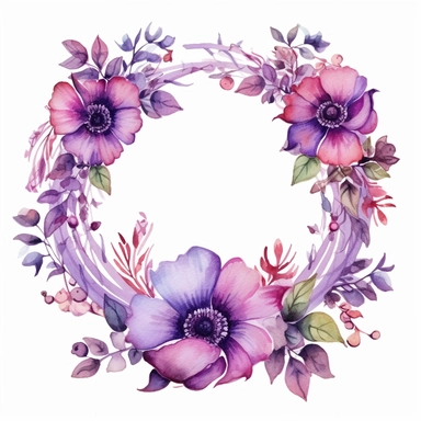 beautiful watercolor floral wreath with decorative elements, purple, flowers, leaves, clipart, isolated on white background, bojo, vintage, lithograph, 32k uhd, texture