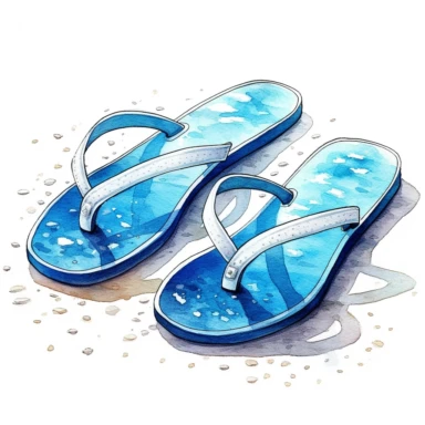 watercolor, blue, hyper realistic, white background, white margins, 16k, ultra detailed clipart, cut out image, hand-drawn, whimsical blue manhwa style, ultra HD, sharp and clean art pair of blue flip-flops lying on the sand, symbolizing relaxation and leisure. Bright and vibrant colors that evoke the energy and warmth of summer, such as a combination of coral, turquoise, and yellow