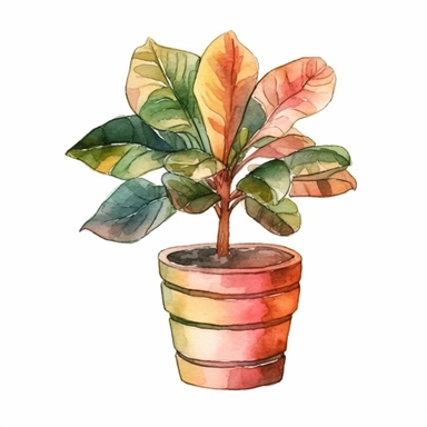 Watercolor clipart tropical single planter, Watercolor clipart tree planter, single watercolor houseplant clipart in pot, black contour around the leaves, white background, with colorful flower