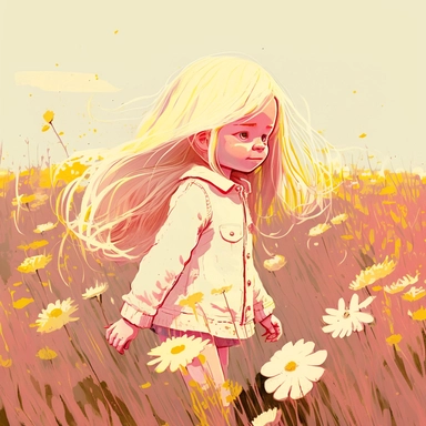 dreamlike hyper realistic illustration of a white fire haired girl's spirit in a field of pink and yellow flowers, flat colors, simple lines, gorgeous lighting, graphic novel style, 2d painting, ink painting style, digital art, childrens character design, happy mood, pixar style cartoon, line work, minimalist, watercolor, 8k, PNG, clipart on white background, sticker style, studio ghibli vibe, studio ghibli style