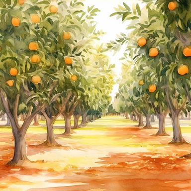 Citrus Grove: Create a watercolor clipart of an expansive orange grove, capturing the rows of trees and the play of light and shadow. Incorporate warm earthy tones and a sense of depth to bring the scene to life.