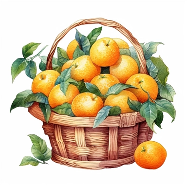 basket of oranges Watercolor Sublimation Clipart ,Cartoon,hyper realistic, intricate detail, illustration style,high solution,on the white background