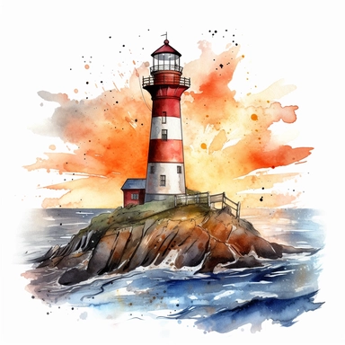 lighthouse watercolor clipart on the coast with sunset, white background