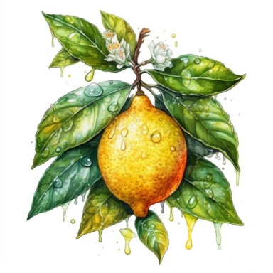 png clipart on a white background of a mesmerizing watercolor clear-lined illustration. The composition is central with a clear outline using bold and saturated complementary colors. In the style of Studio Ghibli, the illustration is realistic and detailed depicting a lemon decorational composition