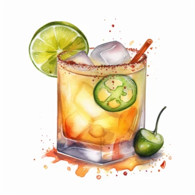 hand drawn spicy margarita, very detailed and realistic, watercolor, white background with margins, clipart style — uplight