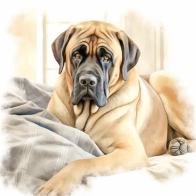 A serene and peaceful portrayal of an English Mastiff lying down in a cozy corner of a home, emphasizing its calm and gentle temperament, with soft lighting and cozy elements like blankets or pillows, with a white background and watercolor clipart.