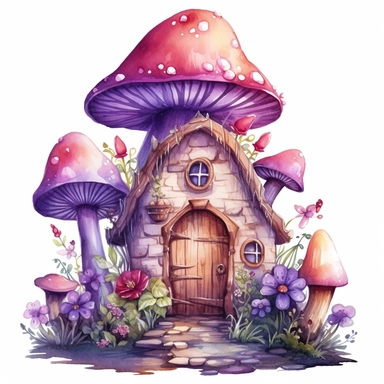 Watercolor Fairy House. A charming purple fairy house nestled amidst flowers and mushrooms, with twinkling lights and an inviting entrance, isolated on a white background with a wide margin Sublimation Clipart,hyper realistic, intricate detail, illustration style,high solution,on the white background
