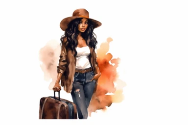 beauticul black womam with long hair, pulling luggage through airport, watercolor clipart