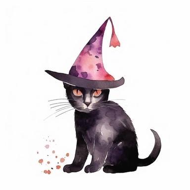 Halloween cat in witch hat, dark pink and black color, watercolor, clipart, illustration, white background