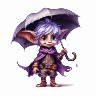 Cute Adorable magical little Elf with big pointed ears holds a umbrella in his hand wears a raincape and stand in the rain on a country road, clipart, photorealistic illustration, watercolor, high detail, 8k polished, 8k, vibrant colors, sticker, majestic, die cut, black and purple color, white background