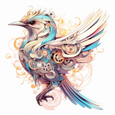 clipart, isolated on white background, a bird with pastel colors, in the style of detailed science fiction illustrations, ivory, mysterious backdrops, quadratura, fairycore, wimmelbilder, fantastical machines