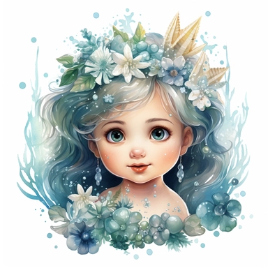 clipart white background: cute baby mermaid with a crown of pearls and seashells, watercolor, underwater