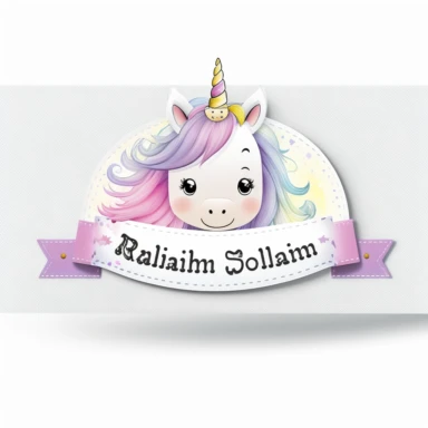 personalised name plate ribbon for text, a large unicorn chibi face, birthday invite, pastel clipart, Watercolour, pure white background
