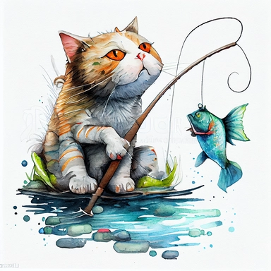 funny ror cats friend go to fishing big fish, CLIPART, watercolor, ink, ultra-detailed, cartoon style, white background, black outside lines –testp,