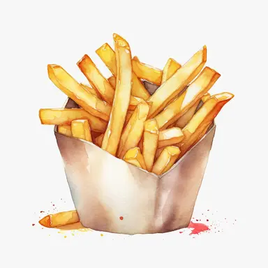 High Detail clipart of Fries, no sauce, no lines, no outlines, clipart, featured on dribble, american Dinner clipart, minimalist, computer vector graphic design clip art, watercolor illustration clipart, watercolour clipart, watercolor illlustration for Recipe Books, book illustration, print on demand image, PNG tranparent background