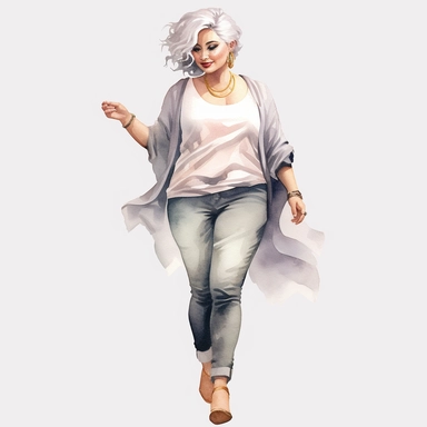Realistic watercolor full body glamourous fat woman with casual blouse and jeans and heels, beautiful fat woman face with long eyelashes glamourous style, 35 year old lady with grey short hair, clipart, cozy, bright warm colors, 1500x500 pixels,