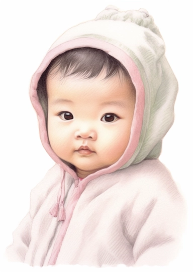 a cute retro vintage Asian infant baby girl . Color pencil sketch, soft baby colors, on a white background for clipart.