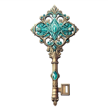 A mesmerizing clipart showcasing a legendary fairy tale tool: a shimmering and ornate key of wondrous proportions. The key should possess intricate details, such as delicate engravings depicting mythical creatures or symbols of magic. Its handle should be crafted from a rare and iridescent material, radiating an ethereal glow. The teeth of the key should be intricate and unique, as if they hold the secrets to unlocking mystical realms. Place the key against a pristine white background.